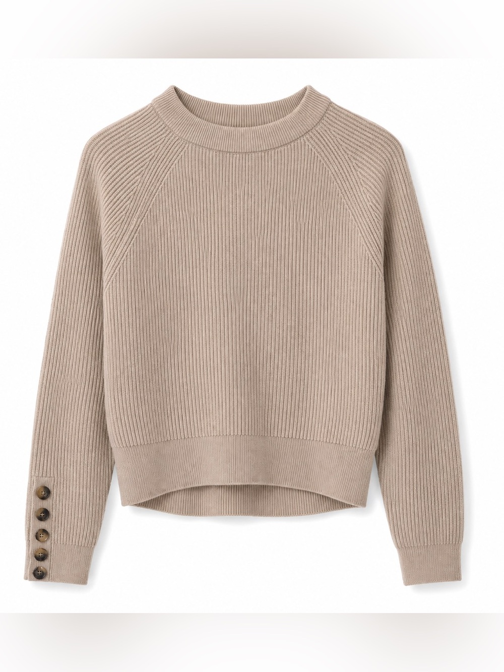 Sezane Womens S Merino Wool Cotton Sweater Beige Ribbed Knit Button Cuff